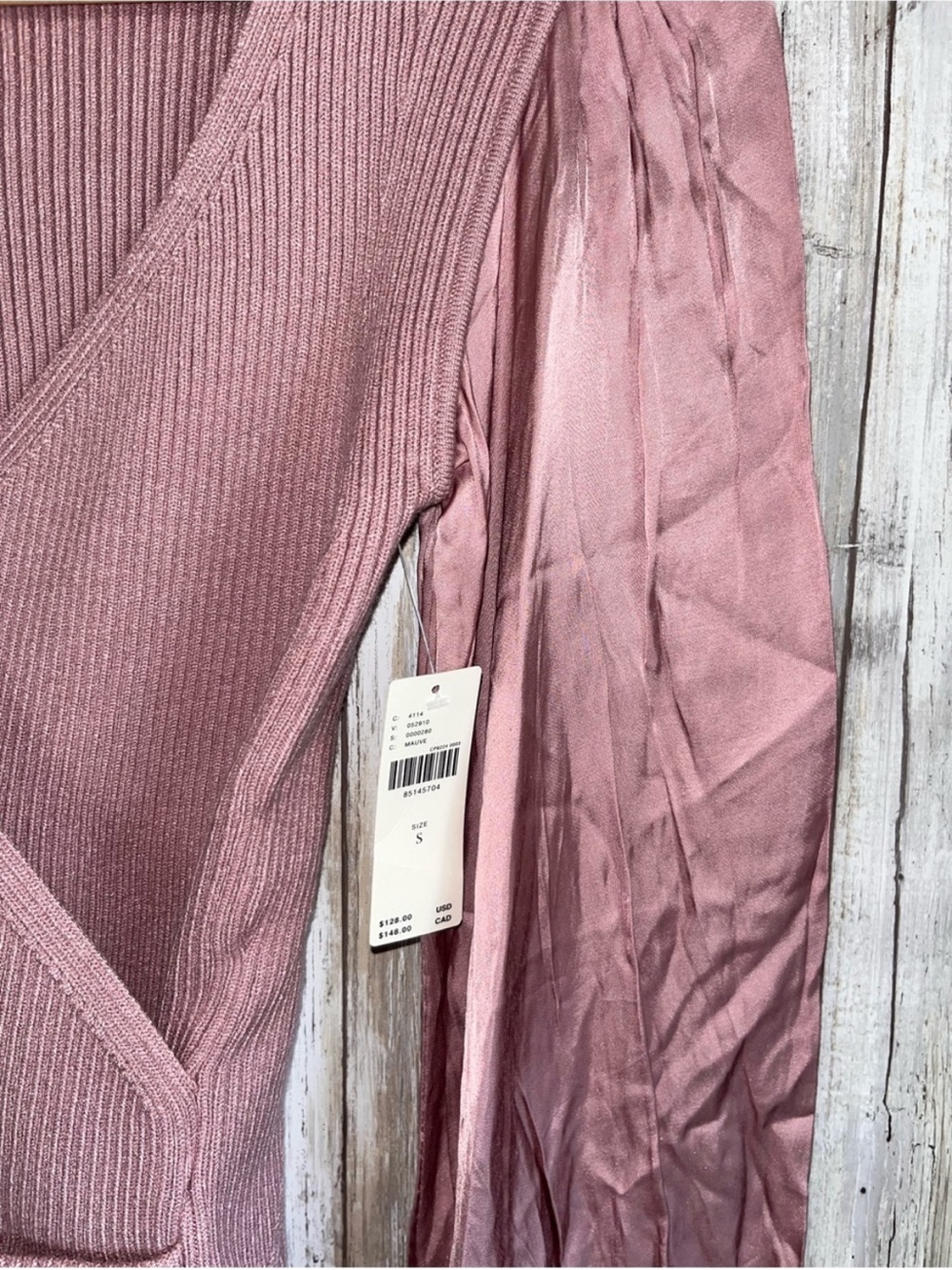 Anthropologie Mauve Ribbed Wrap Sweater Satin Puff Sleeve Top S NWT - Picture 3 of 7
